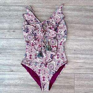 Goldenpoint Women's Multicolor Open Back Lace Up Ruffle‎ Swimsuit Size 2